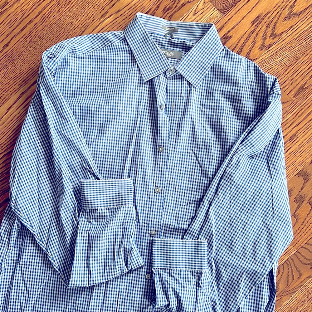 Kenneth Cole Reaction blue & gray small checkered long sleeve button down